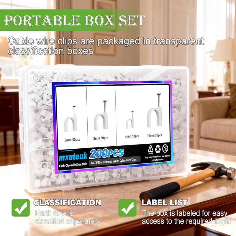 mxuteuk 200PCS Cable Clips with Steel Nails,4/6/8/10mm Round White Cable Wire Clips,Wall Clips for Cords,Cable Cord Clips for RG6 RG59 CAT6 RJ45 - Image 5